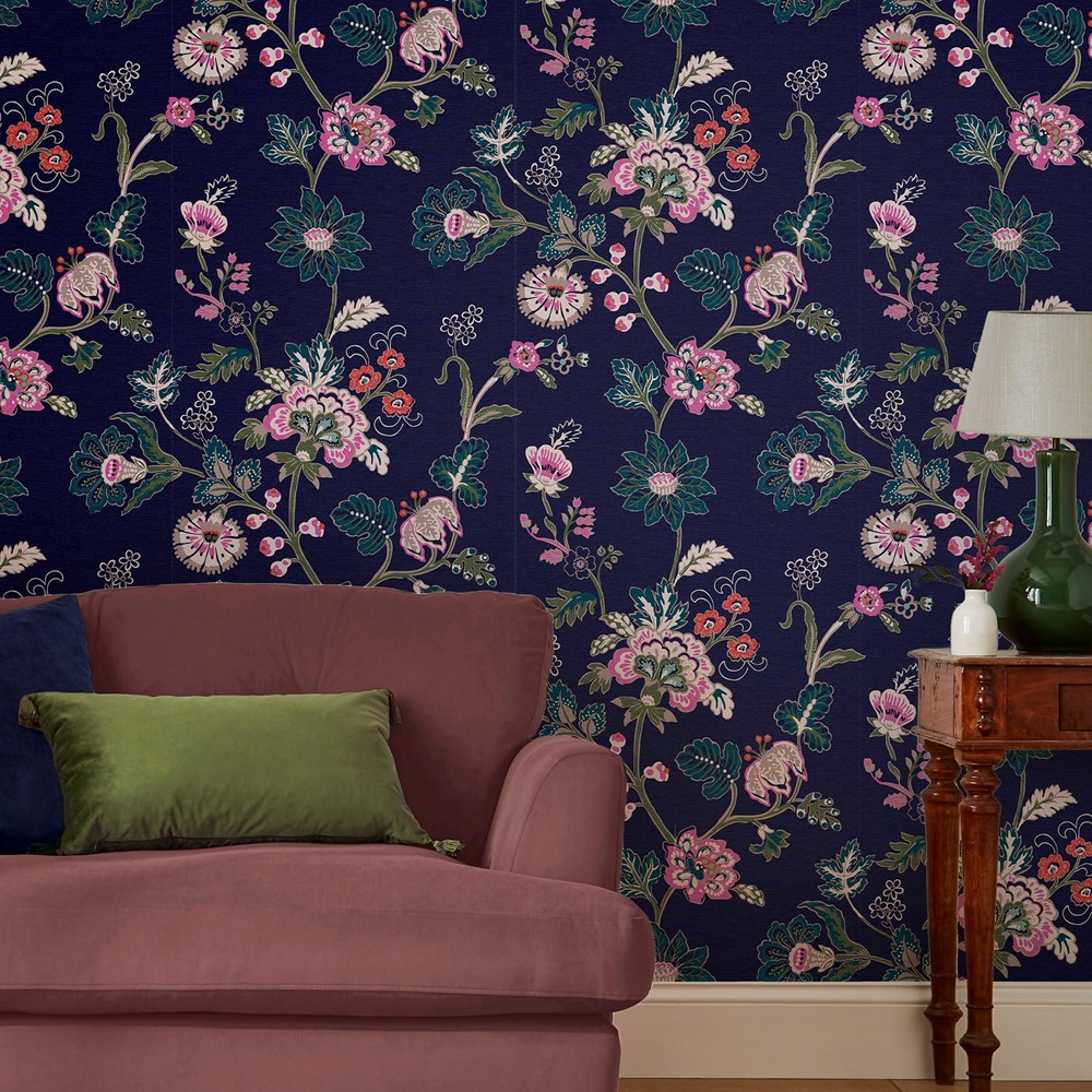 Vine Cottage Floral Wallpaper 118573 by Joules in Royal Navy Blue